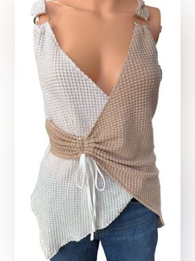 Two-Tone Waffle Knit Wrap Camisole in Cream and Tan